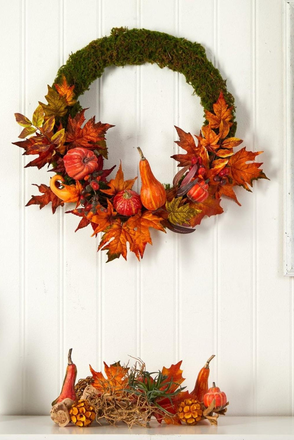 20” Autumn Pumpkin, Gourd and Fall Maple Leaf Artificial Wreath