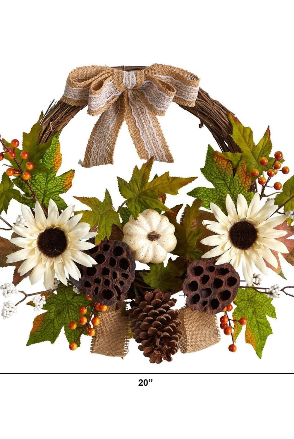 20” Autumn Sunflower, White Pumpkin and Dried Lotus Pod Artificial Fall Wreath with Decorative Bow