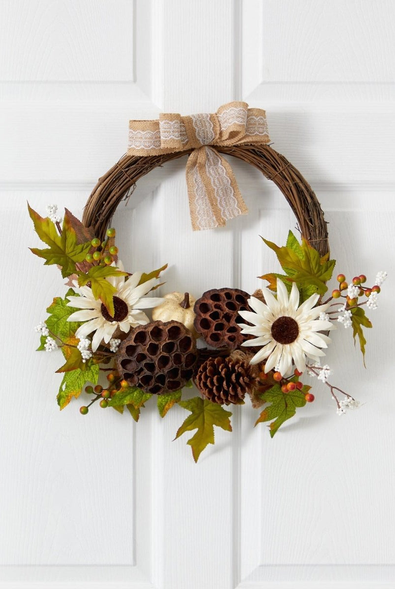 Shop For 20” Autumn Sunflower, White Pumpkin Fall Wreath