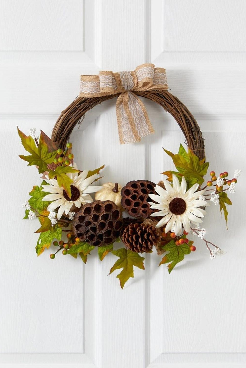 20” Autumn Sunflower, White Pumpkin and Dried Lotus Pod Artificial Fall Wreath with Decorative Bow