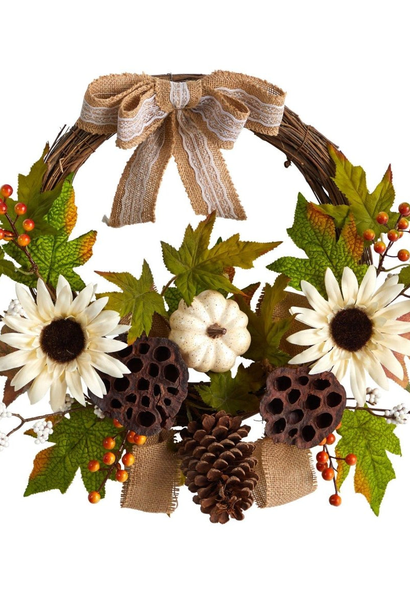 Shop For 20” Autumn Sunflower, White Pumpkin Fall Wreath