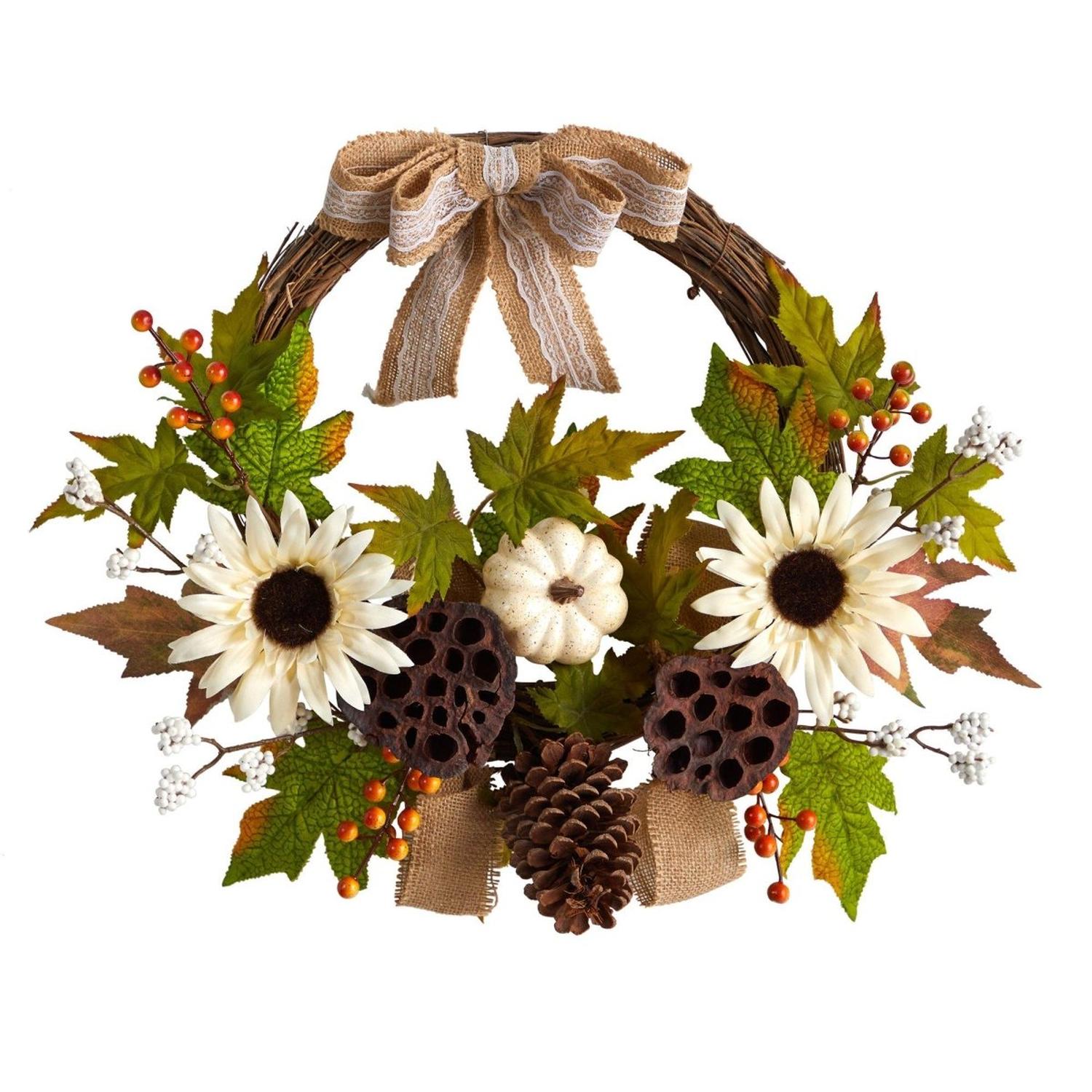 Shop For 20” Autumn Sunflower, White Pumpkin Fall Wreath