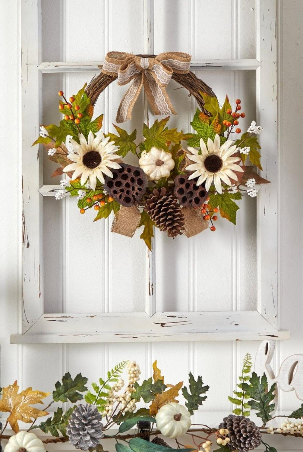 20” Autumn Sunflower, White Pumpkin and Dried Lotus Pod Artificial Fall Wreath with Decorative Bow