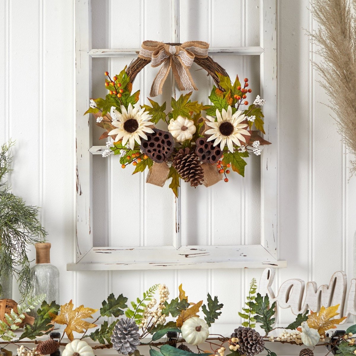Shop For 20” Autumn Sunflower, White Pumpkin Fall Wreath