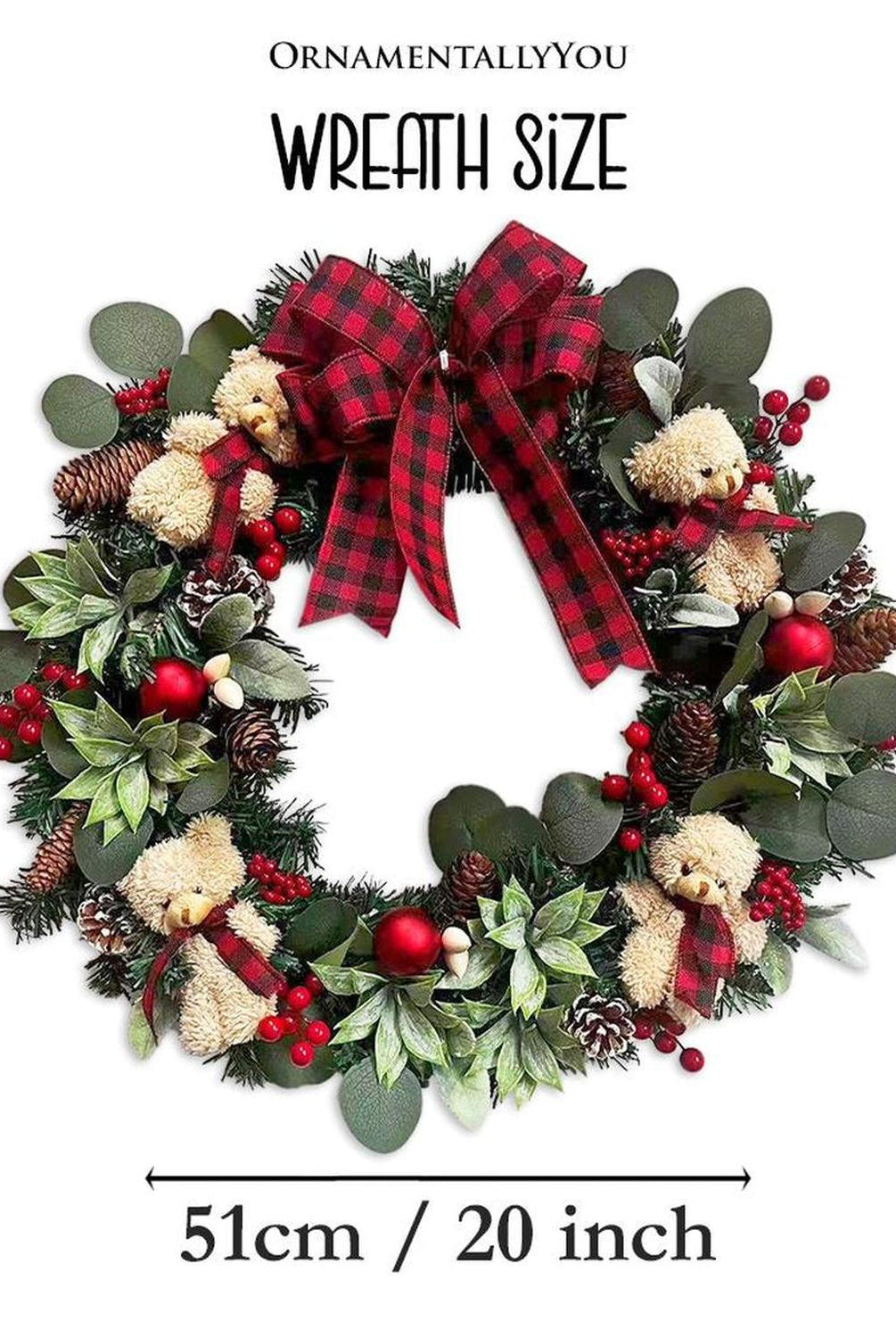 Exquisite Plaid Bow and Bears 20" Christmas Wreath, Holiday Door Decoration