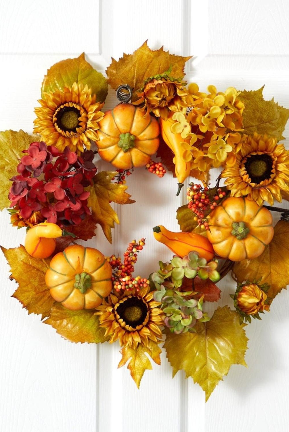 22” Autumn Hydrangea, Pumpkin and Sunflower Artificial Fall Wreath