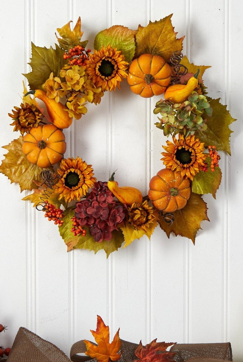 Shop For 22” Autumn Hydrangea, Pumpkin and Sunflower Artificial Fall Wreath