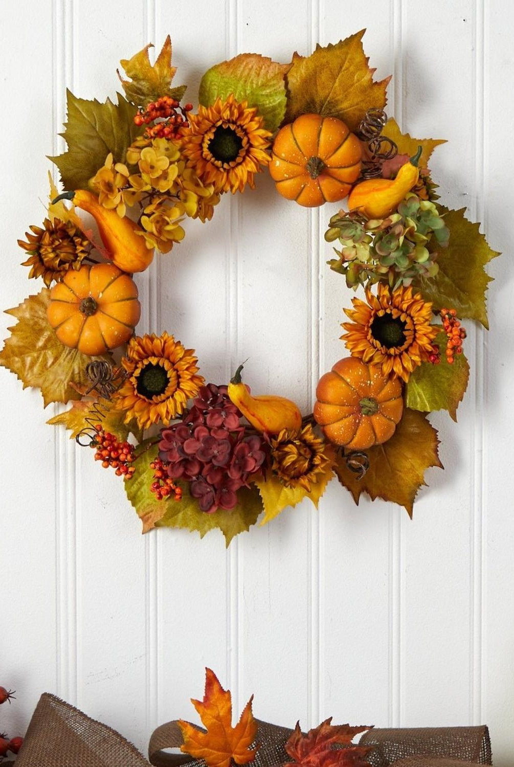 22” Autumn Hydrangea, Pumpkin and Sunflower Artificial Fall Wreath