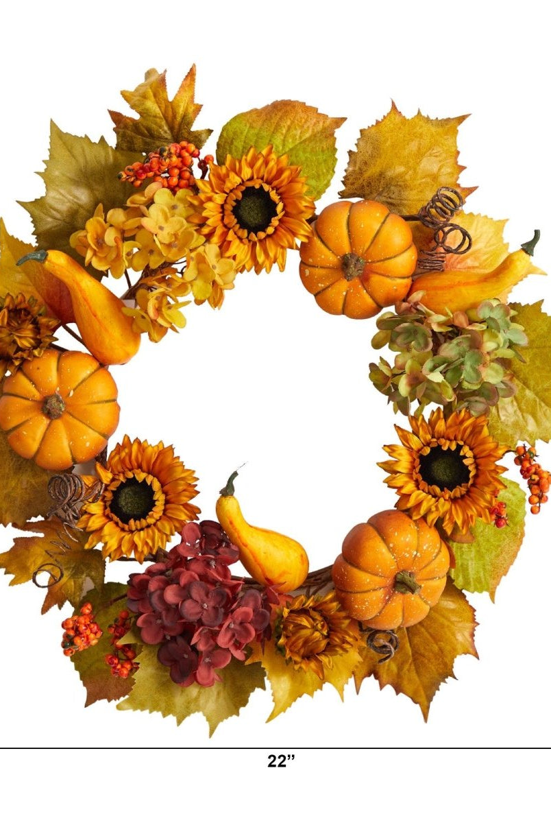 Shop For 22” Autumn Hydrangea, Pumpkin and Sunflower Artificial Fall Wreath