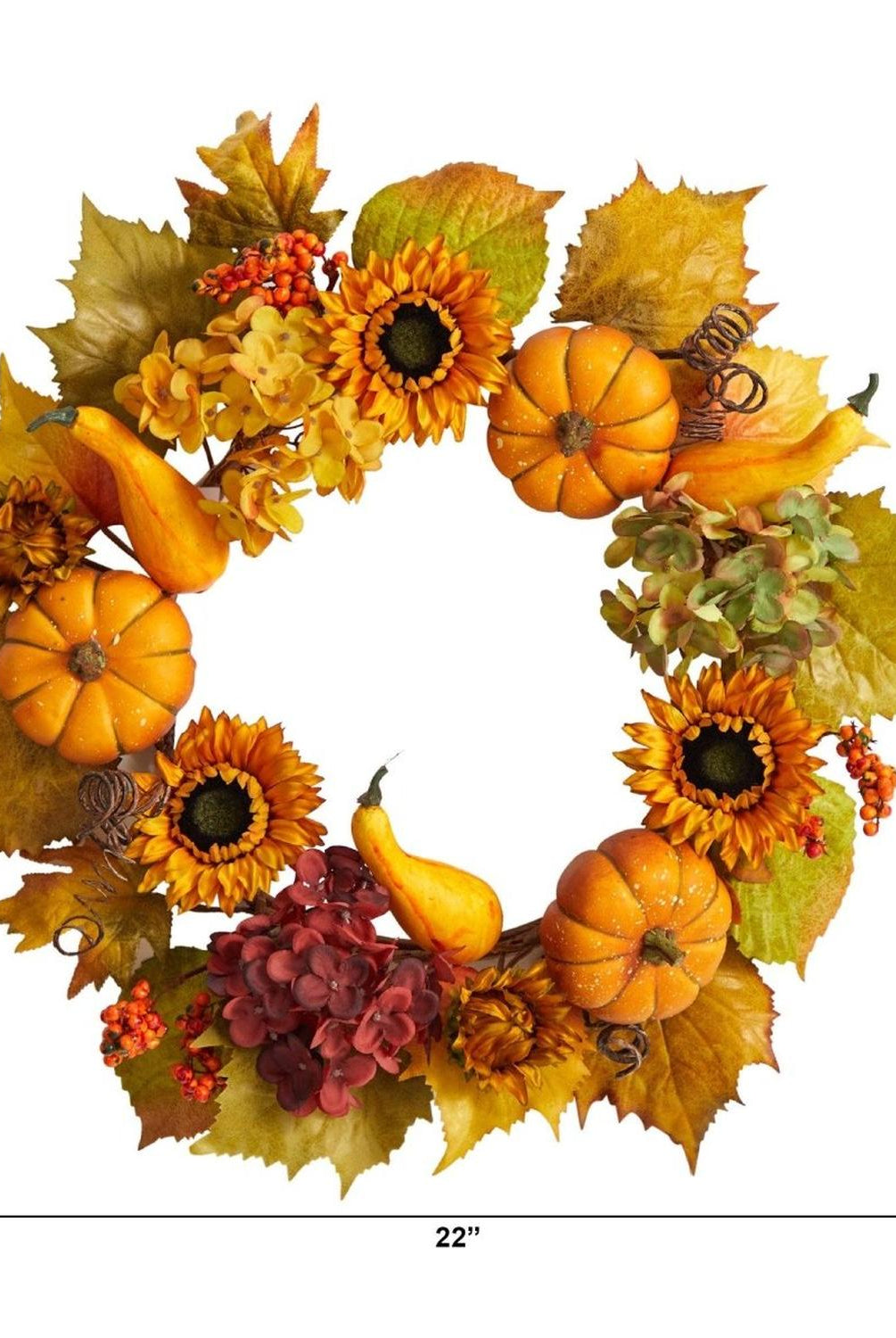 22” Autumn Hydrangea, Pumpkin and Sunflower Artificial Fall Wreath
