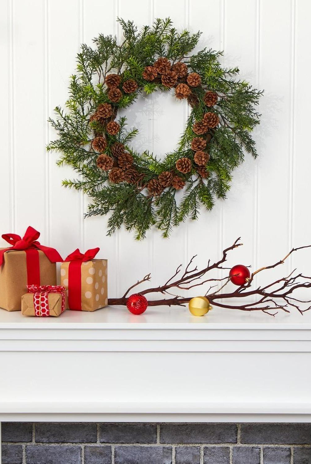 22” Cedar, Grass and Pine Cone Artificial Wreath UV Resistant (Indoor/Outdoor)