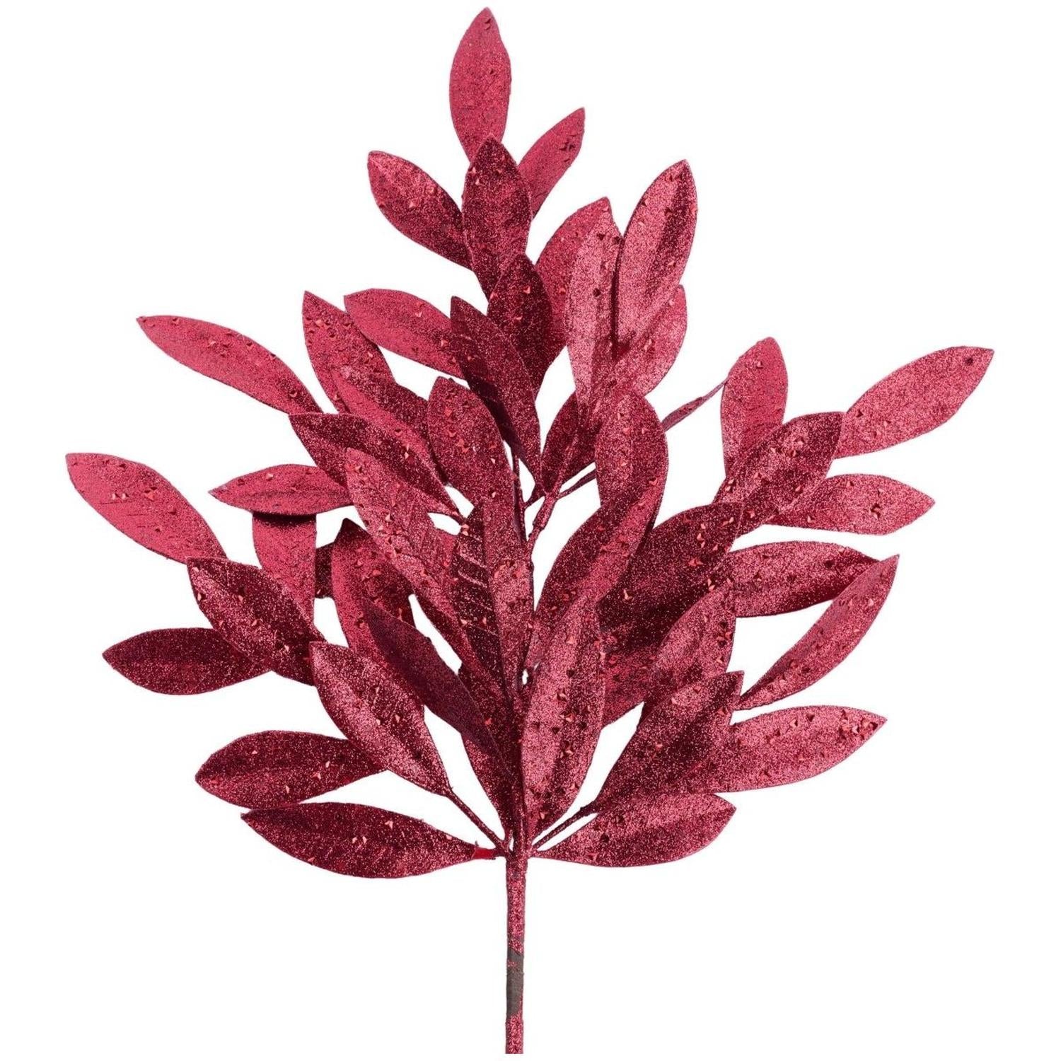 23" Glitter Bay Leaf Spray: Burgundy