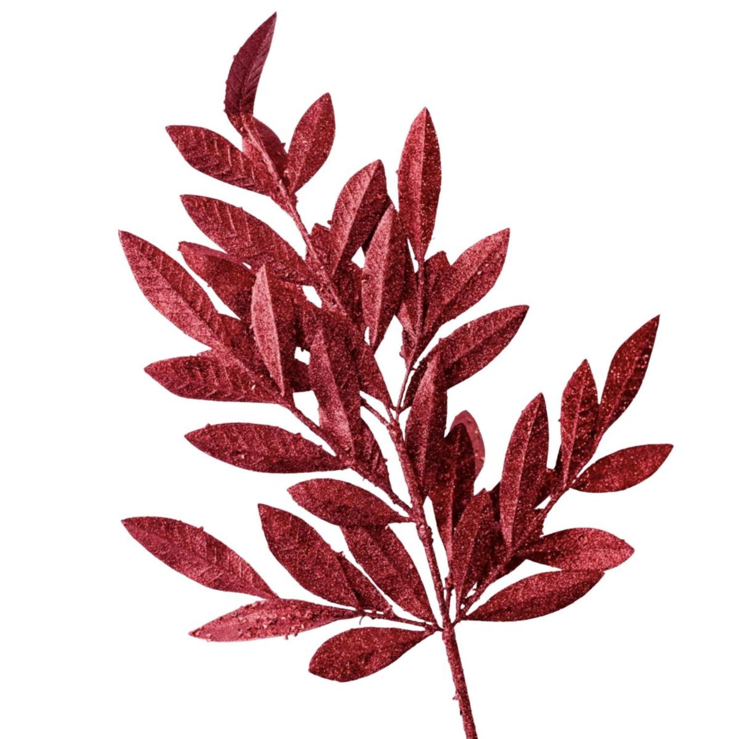 23" Glitter Bay Leaf Spray: Burgundy