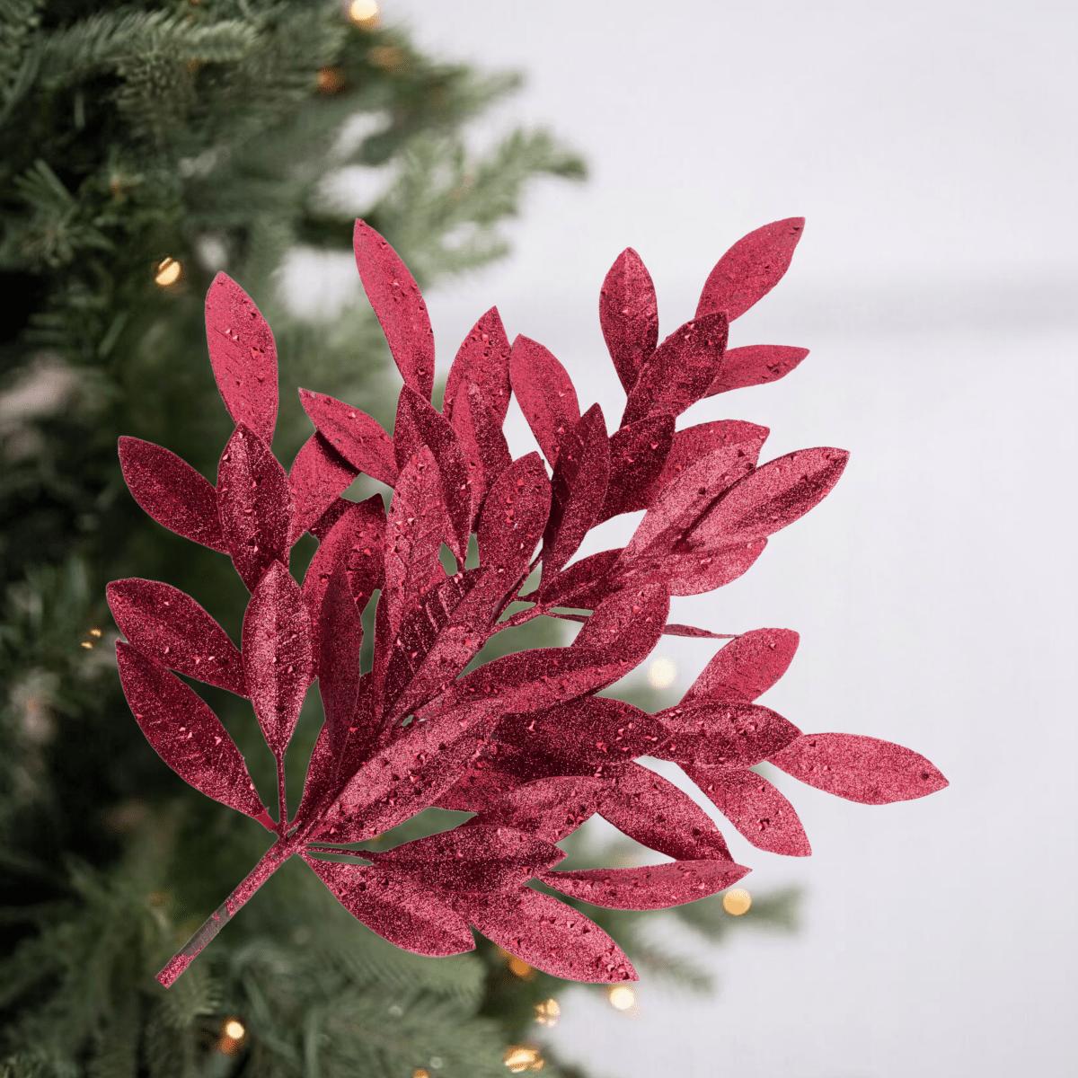 Shop For 23" Glitter Bay Leaf Spray: Burgundy