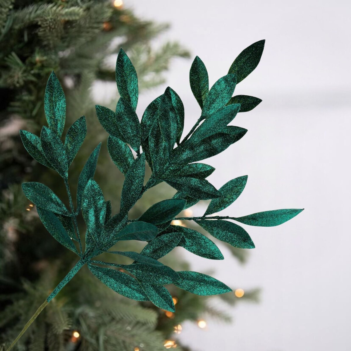 Shop For 23" Glitter Bay Leaf Spray: Hunter Green