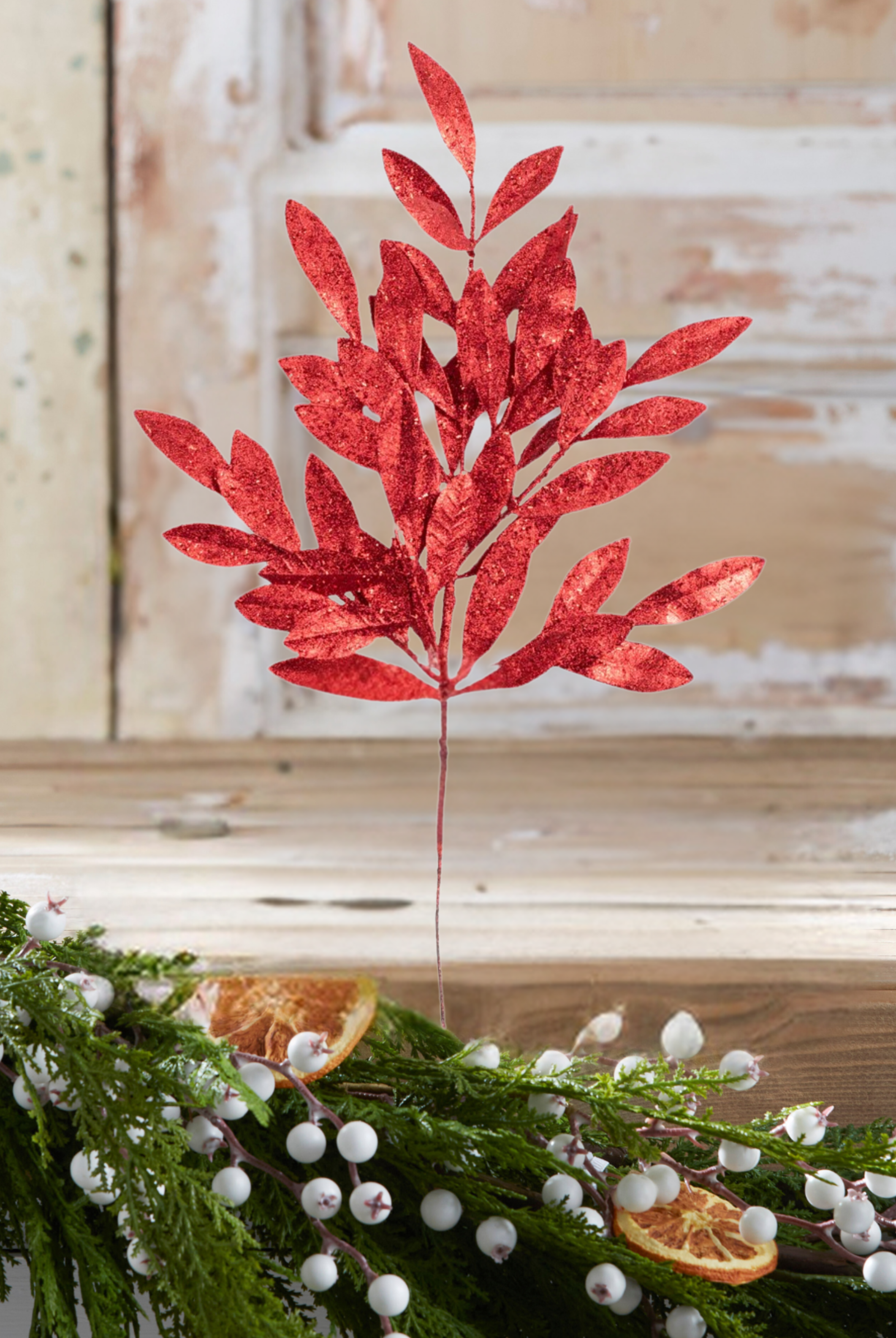 Shop For 23" Glitter Bay Leaf Spray: Red