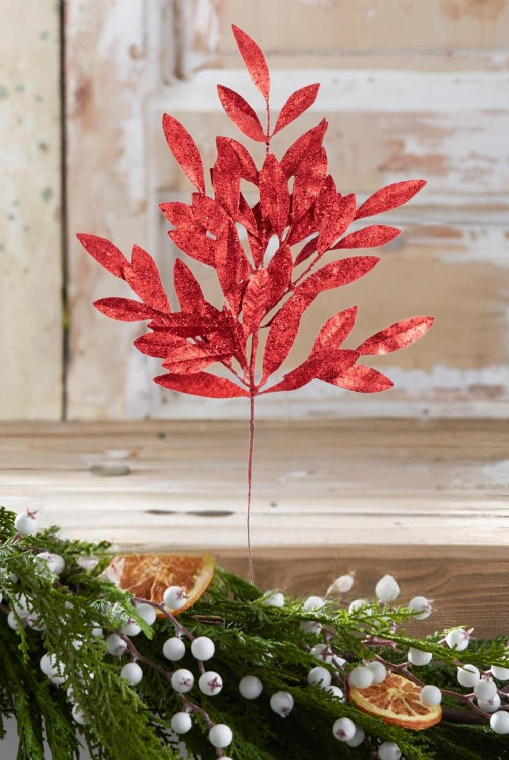 23" Glitter Bay Leaf Spray: Red