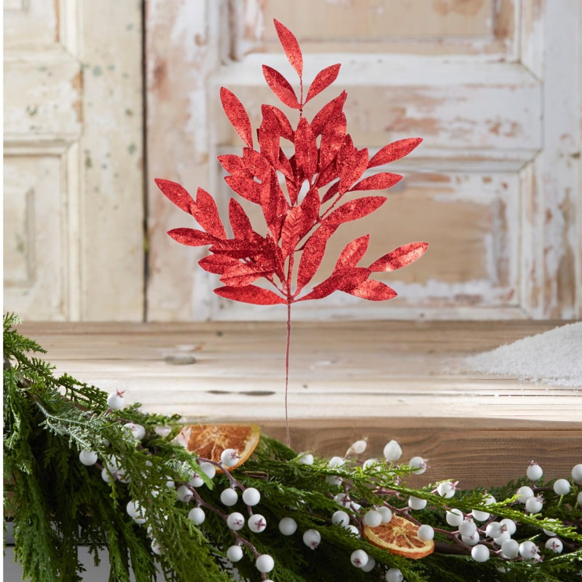 Shop For 23" Glitter Bay Leaf Spray: Red
