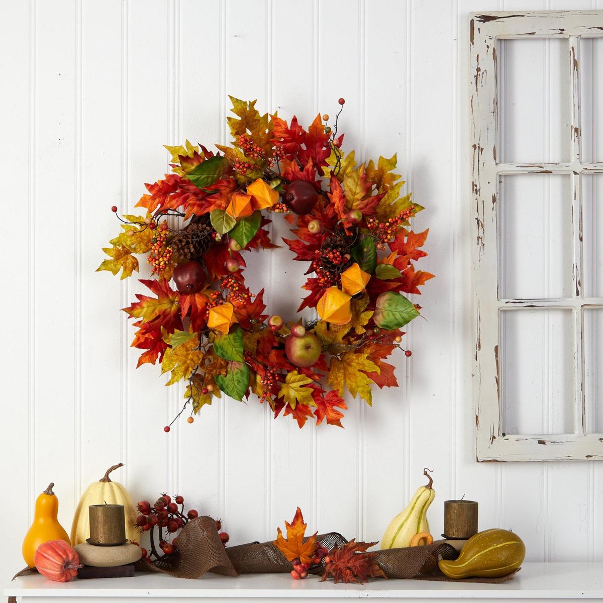 Shop For 24” Autumn Maple Leaf and Berries Fall Artificial Wreath