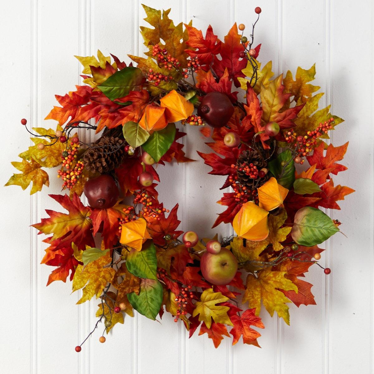 Shop For 24” Autumn Maple Leaf and Berries Fall Artificial Wreath