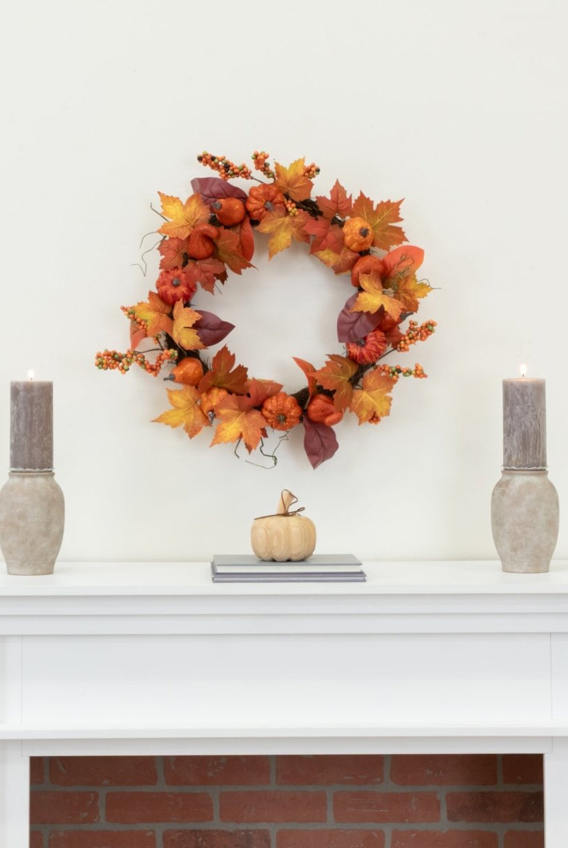 Shop For 24” Autumn Maple Leaves, Pumpkin, Pinecone and Berries Artificial Fall Wreath