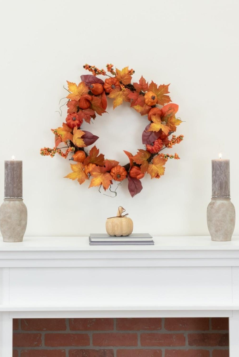 24” Autumn Maple Leaves, Pumpkin, Pinecone and Berries Artificial Fall Wreath