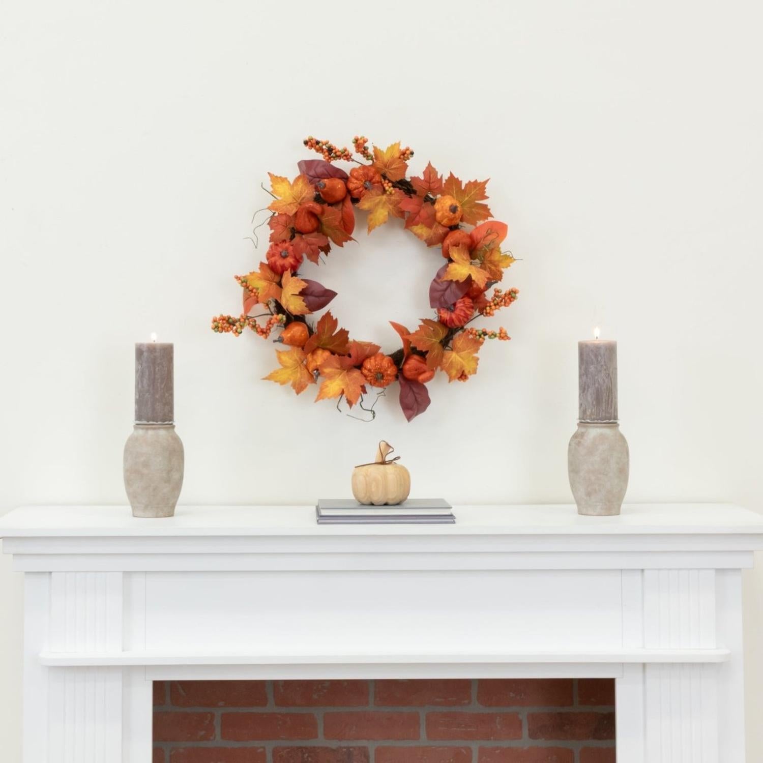 24” Autumn Maple Leaves, Pumpkin, Pinecone and Berries Artificial Fall Wreath