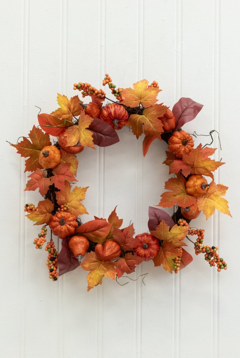 Shop For 24” Autumn Maple Leaves, Pumpkin, Pinecone and Berries Artificial Fall Wreath