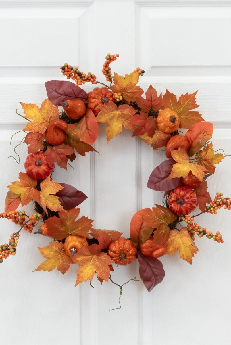 Shop For 24” Autumn Maple Leaves, Pumpkin, Pinecone and Berries Artificial Fall Wreath