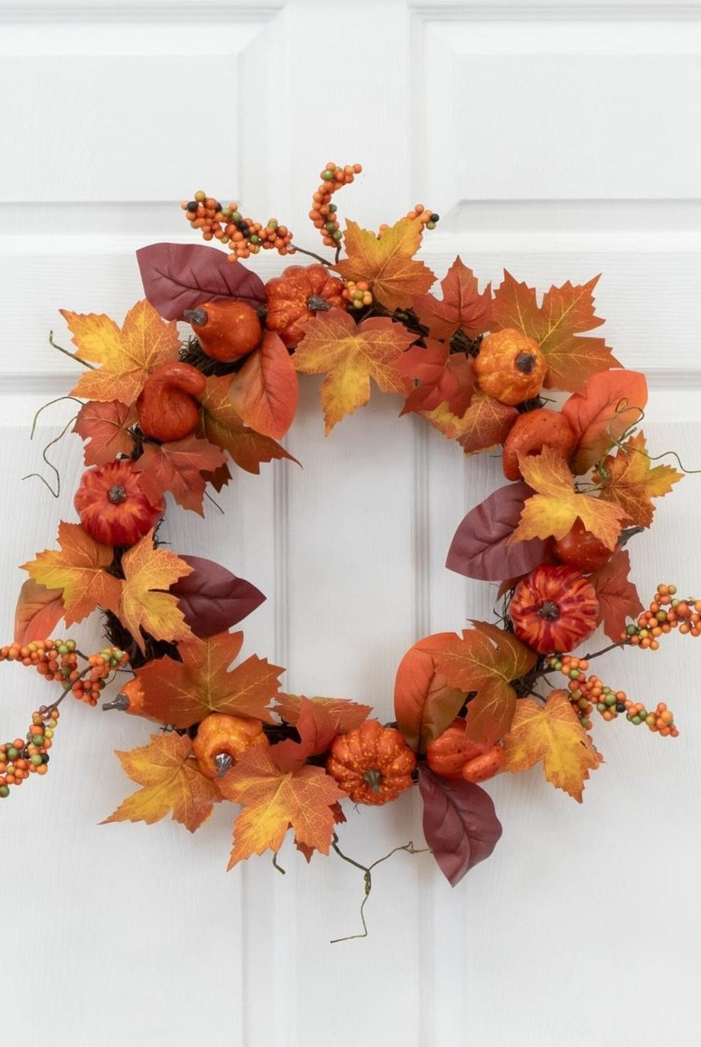 24” Autumn Maple Leaves, Pumpkin, Pinecone and Berries Artificial Fall Wreath