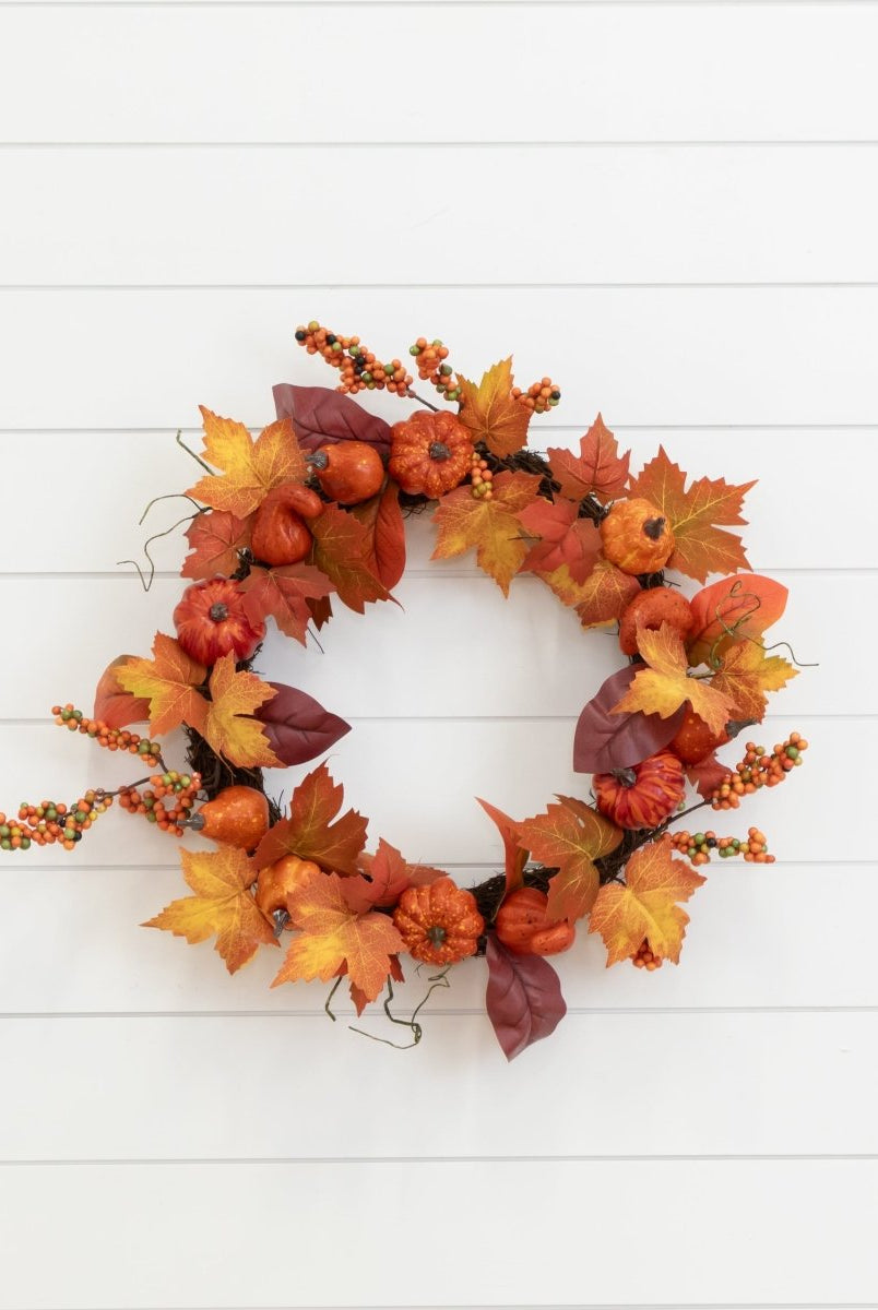 Shop For 24” Autumn Maple Leaves, Pumpkin, Pinecone and Berries Artificial Fall Wreath