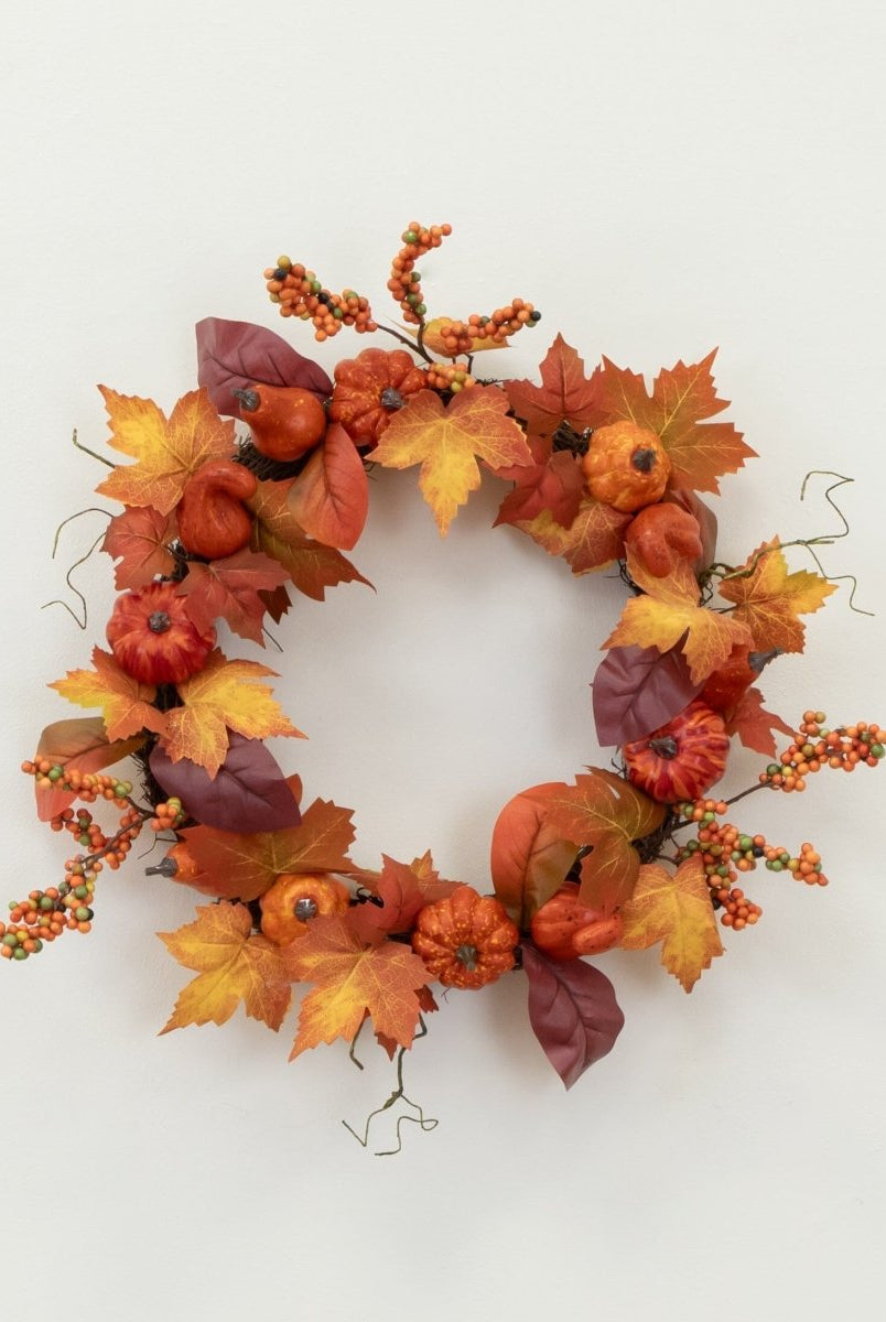 Shop For 24” Autumn Maple Leaves, Pumpkin, Pinecone and Berries Artificial Fall Wreath