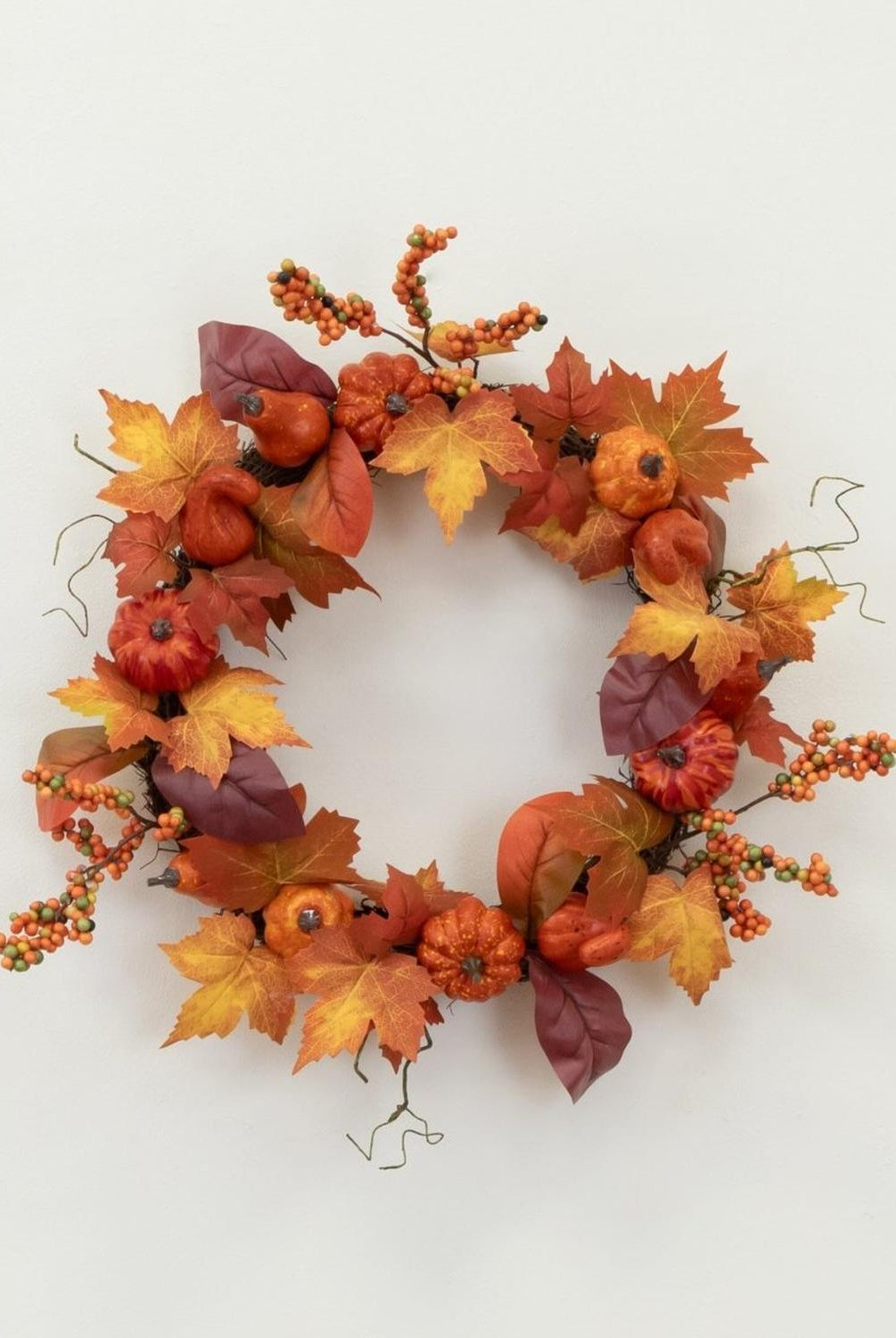 24” Autumn Maple Leaves, Pumpkin, Pinecone and Berries Artificial Fall Wreath