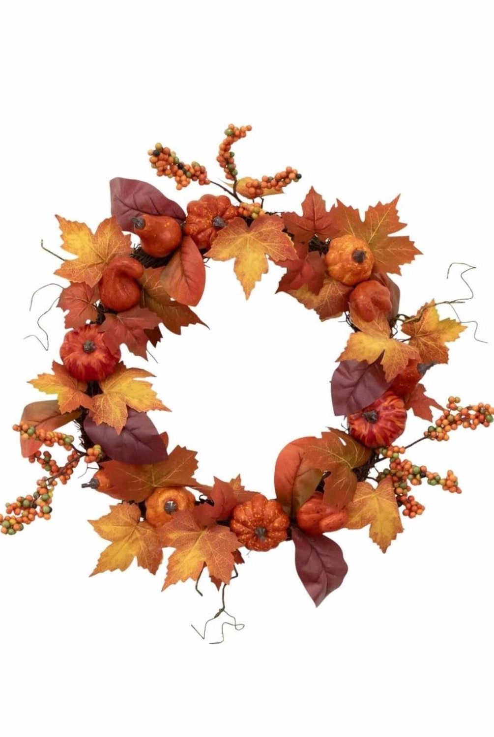 24” Autumn Maple Leaves, Pumpkin, Pinecone and Berries Artificial Fall Wreath