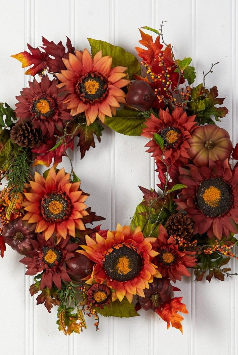 24” Autumn Sunflower, Pumpkin, Pinecone and Berries Fall Artificial Wreat