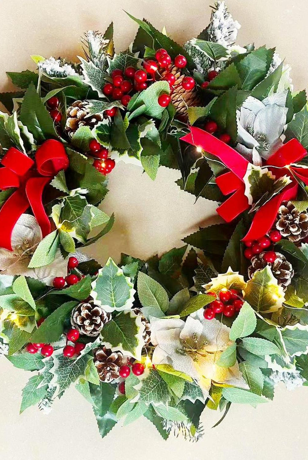 Regal Holiday Glam 24 Christmas Wreath, Prelit with Frosty Branches, Snowy Pinecones, Red Bows and Berry Clusters