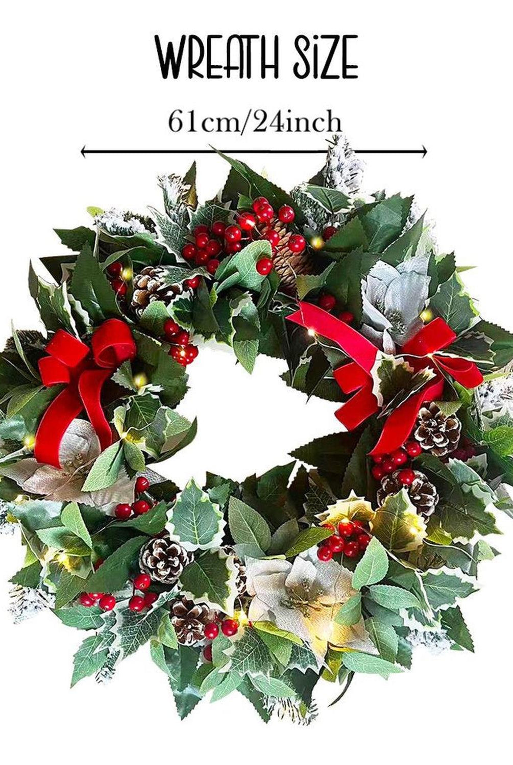Regal Holiday Glam 24 Christmas Wreath, Prelit with Frosty Branches, Snowy Pinecones, Red Bows and Berry Clusters