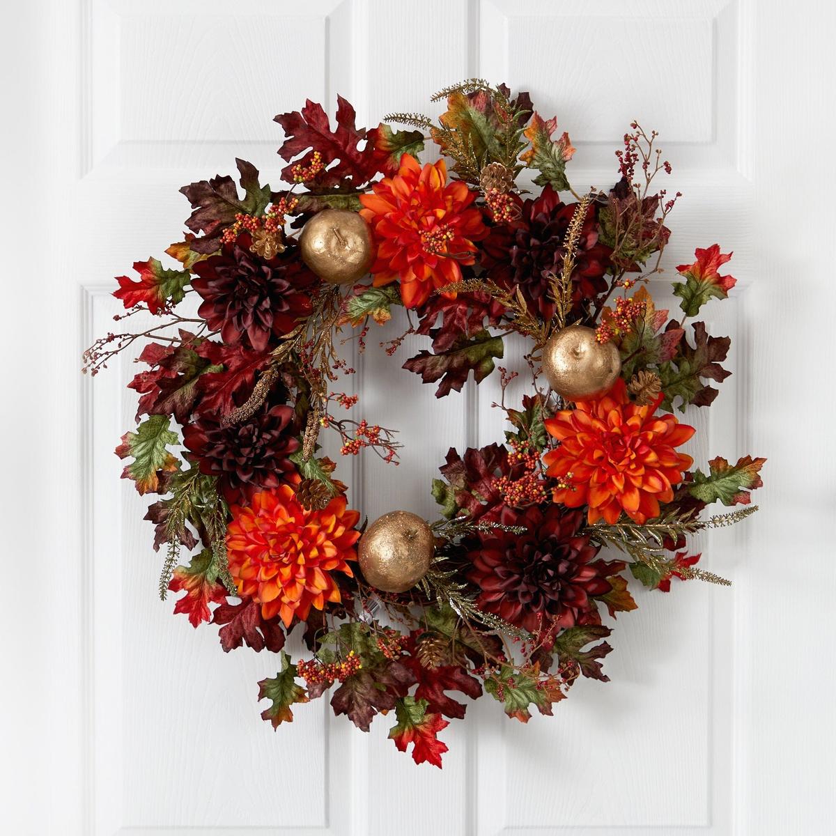 Shop For 24” Fall Dahlia, Golden Apple, Oak Leaf and Berries Wreath