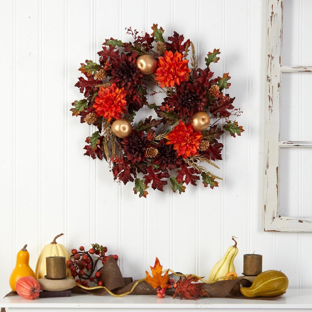 Shop For 24” Fall Dahlia, Golden Apple, Oak Leaf and Berries Wreath