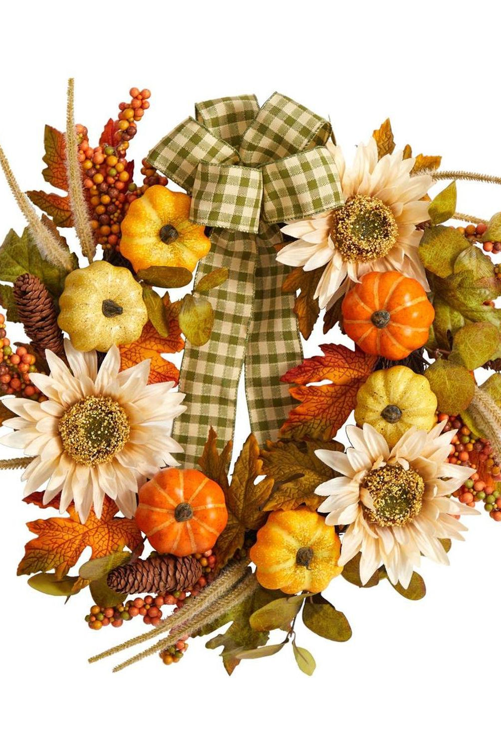 24” Fall Pumpkin, Sunflower Artificial Autumn Wreath with Decorative Ribbon