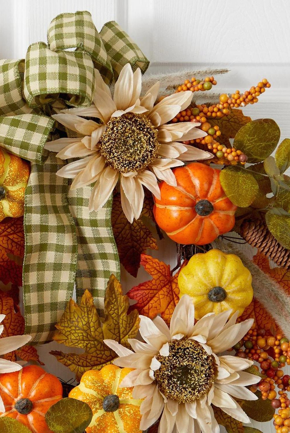 24” Fall Pumpkin, Sunflower Artificial Autumn Wreath with Decorative Ribbon