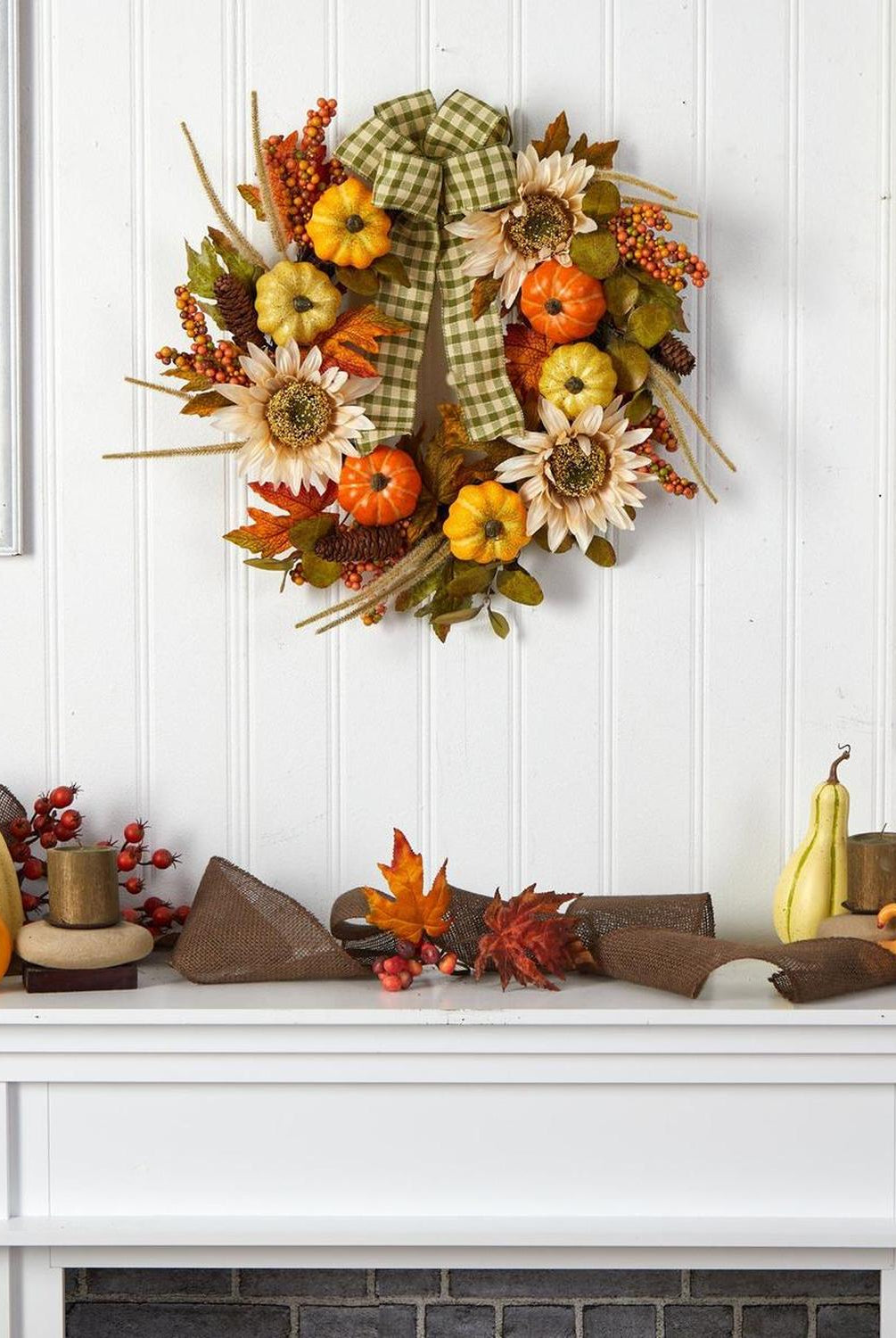 24” Fall Pumpkin, Sunflower Artificial Autumn Wreath with Decorative Ribbon