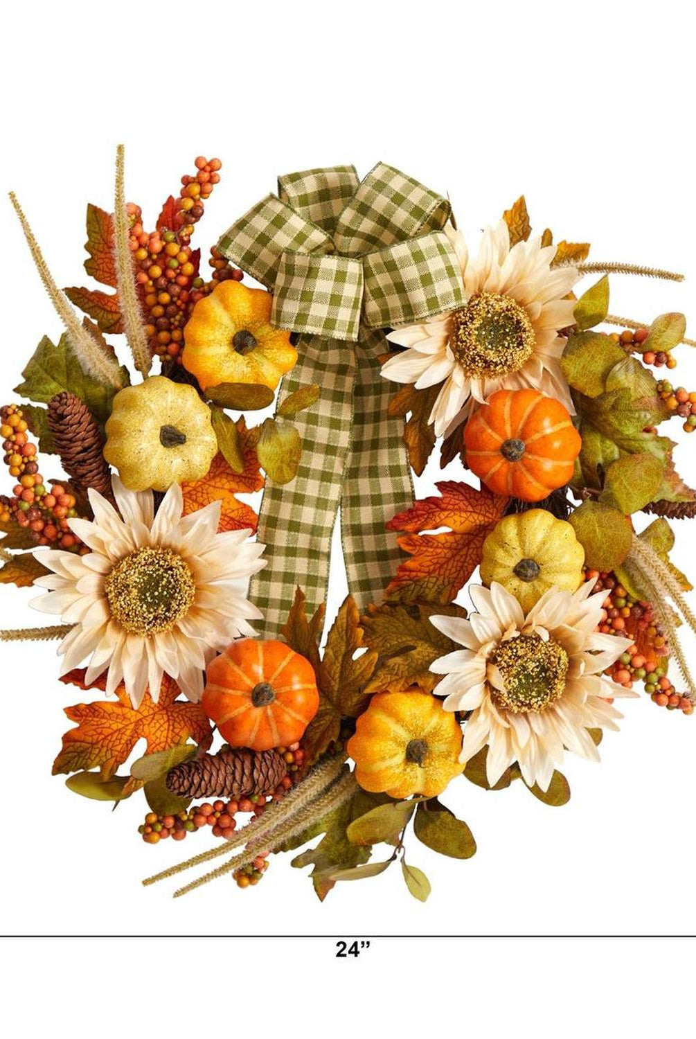 24” Fall Pumpkin, Sunflower Artificial Autumn Wreath with Decorative Ribbon
