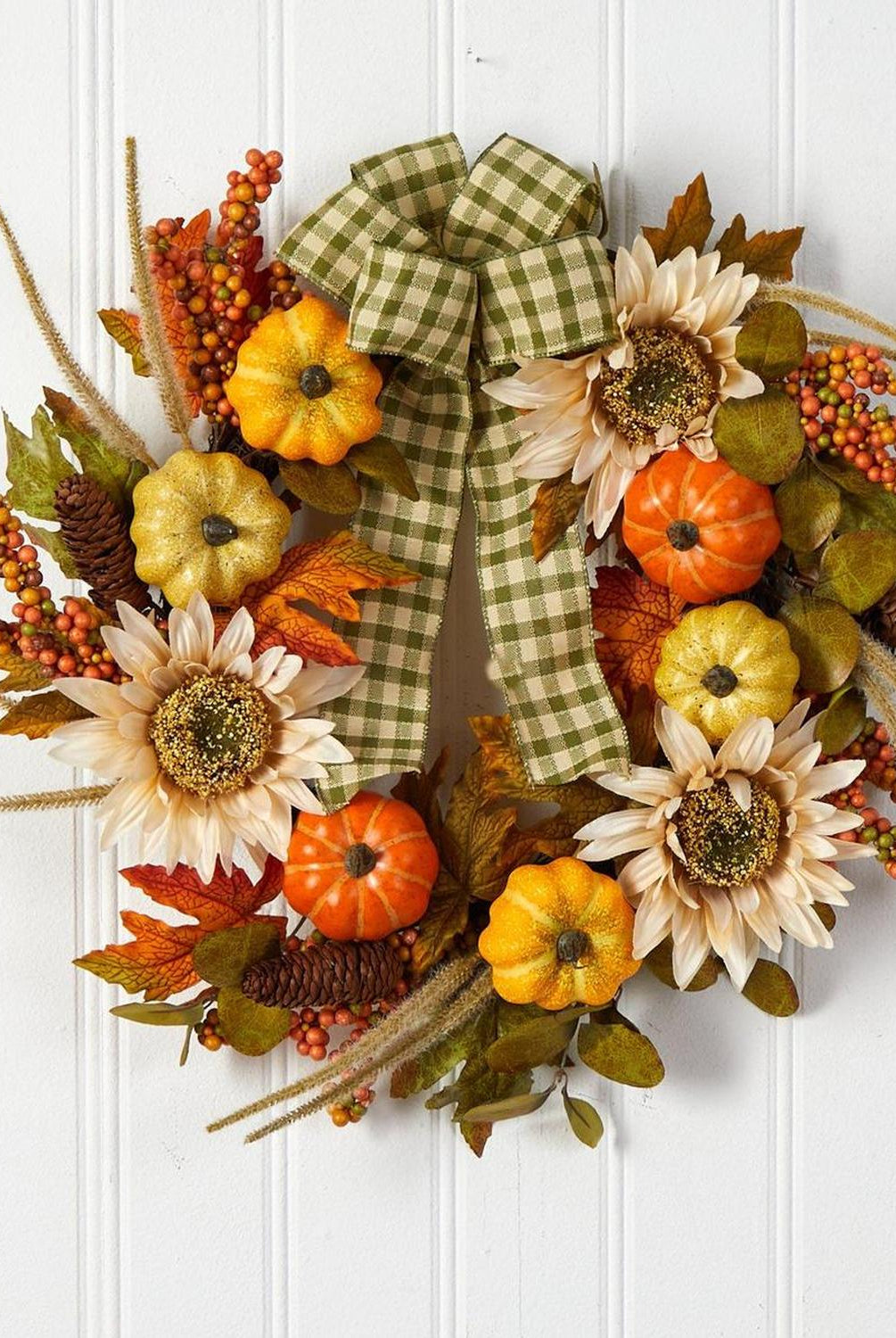 24” Fall Pumpkin, Sunflower Artificial Autumn Wreath with Decorative Ribbon