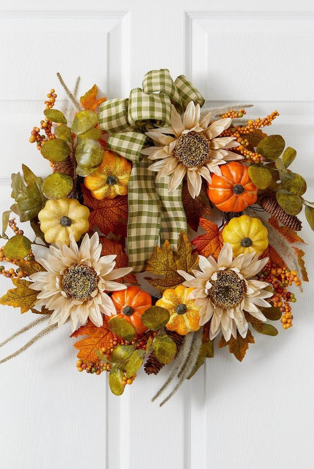 24” Fall Pumpkin, Sunflower Artificial Autumn Wreath with Decorative Ribbon
