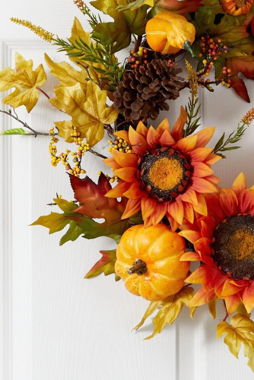 24” Fall Sunflower, Pumpkin, Gourds, Pinecone and Berries Autumn Artificial Wreath