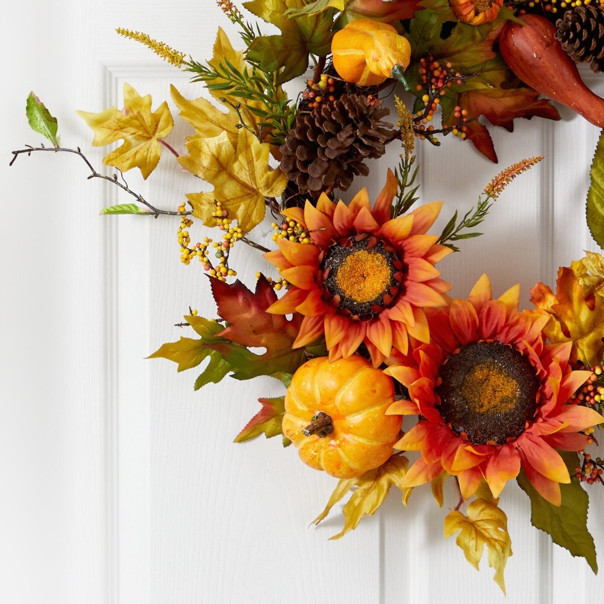 Shop For 24” Fall Sunflower, Pumpkin, Gourds, Pinecone and Berries Wreath