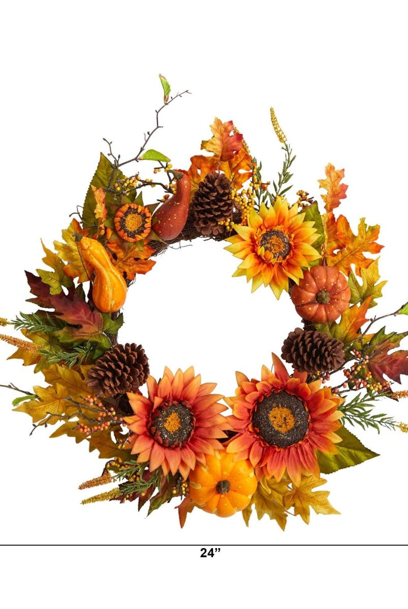 Shop For 24” Fall Sunflower, Pumpkin, Gourds, Pinecone and Berries Wreath