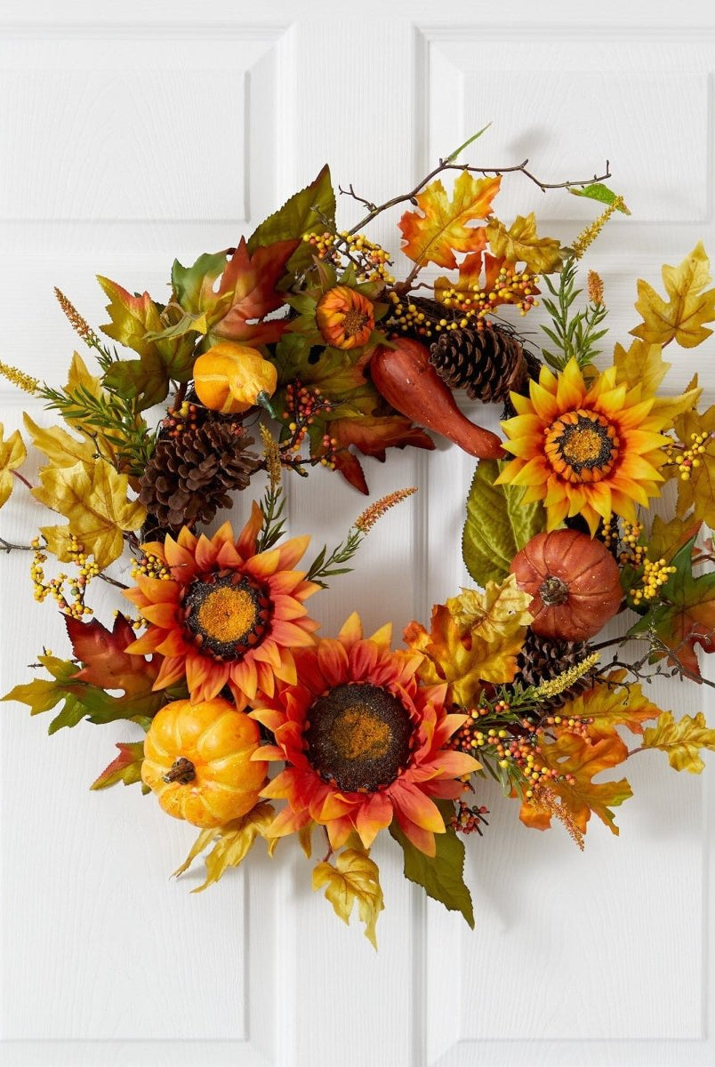 Shop For 24” Fall Sunflower, Pumpkin, Gourds, Pinecone and Berries Wreath