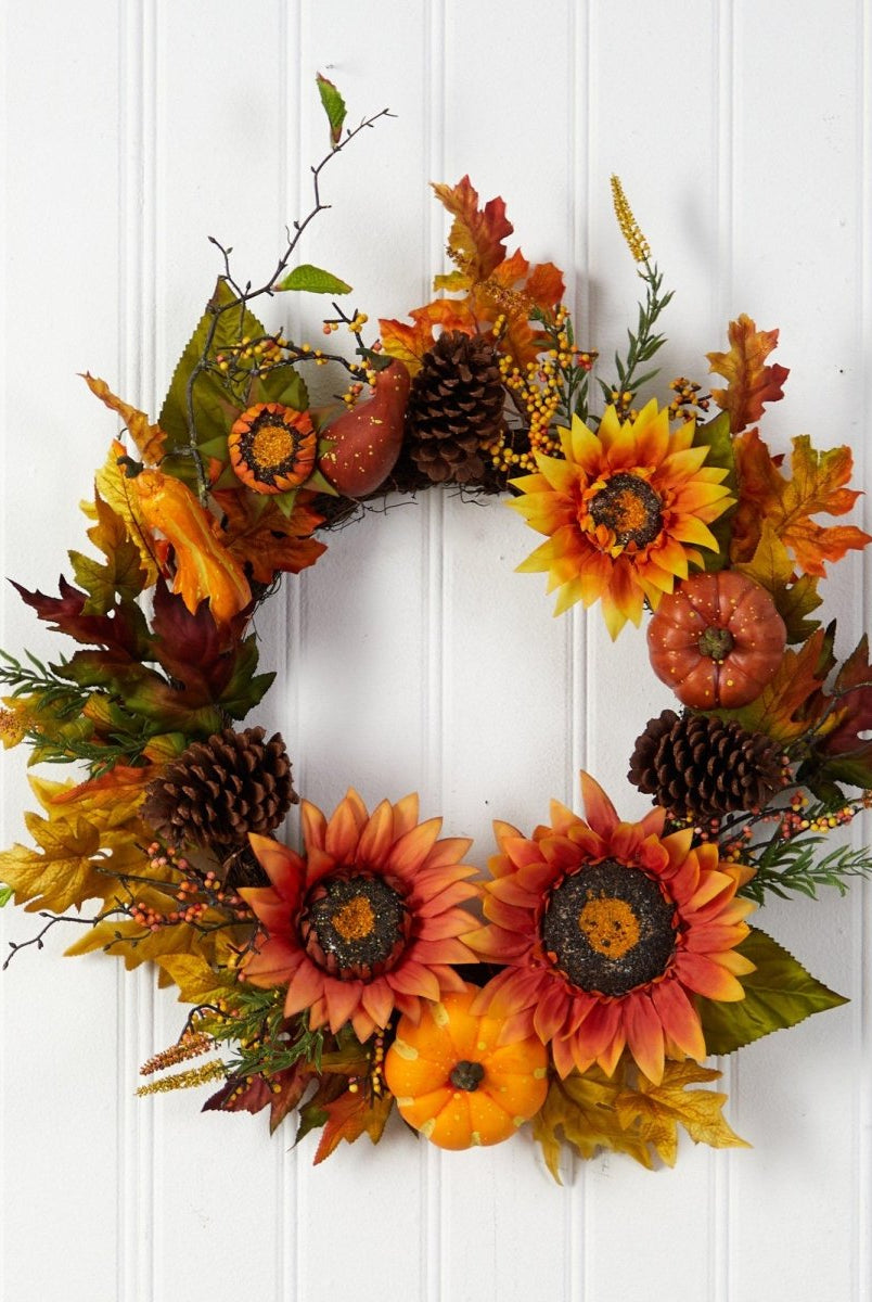 Shop For 24” Fall Sunflower, Pumpkin, Gourds, Pinecone and Berries Wreath